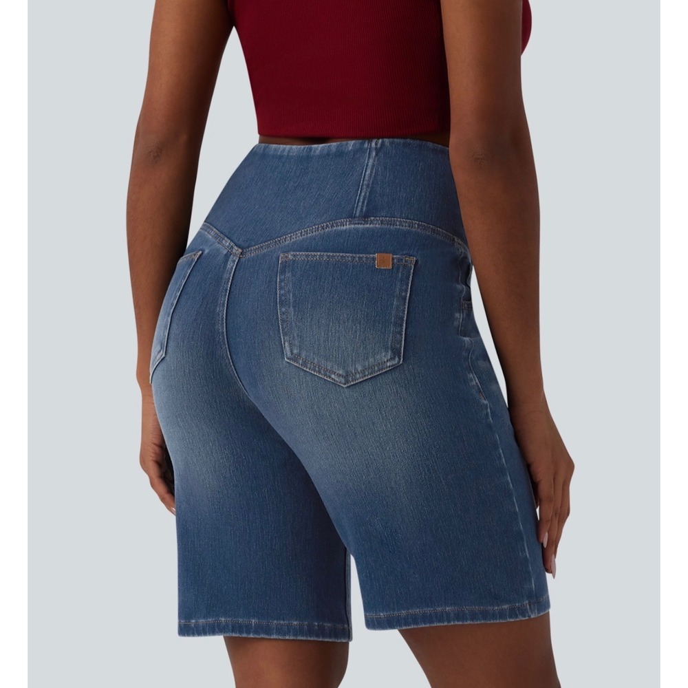 Halara High Waisted Crossover Tummy Control Denim Bermuda Shorts Blue Medium